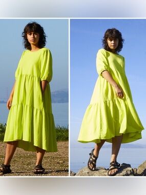 ALI GOLDEN KNIT PARTY MIDI TEIRES DRESS in HIGHLIGHT 100% Cotton Pockets XS/S